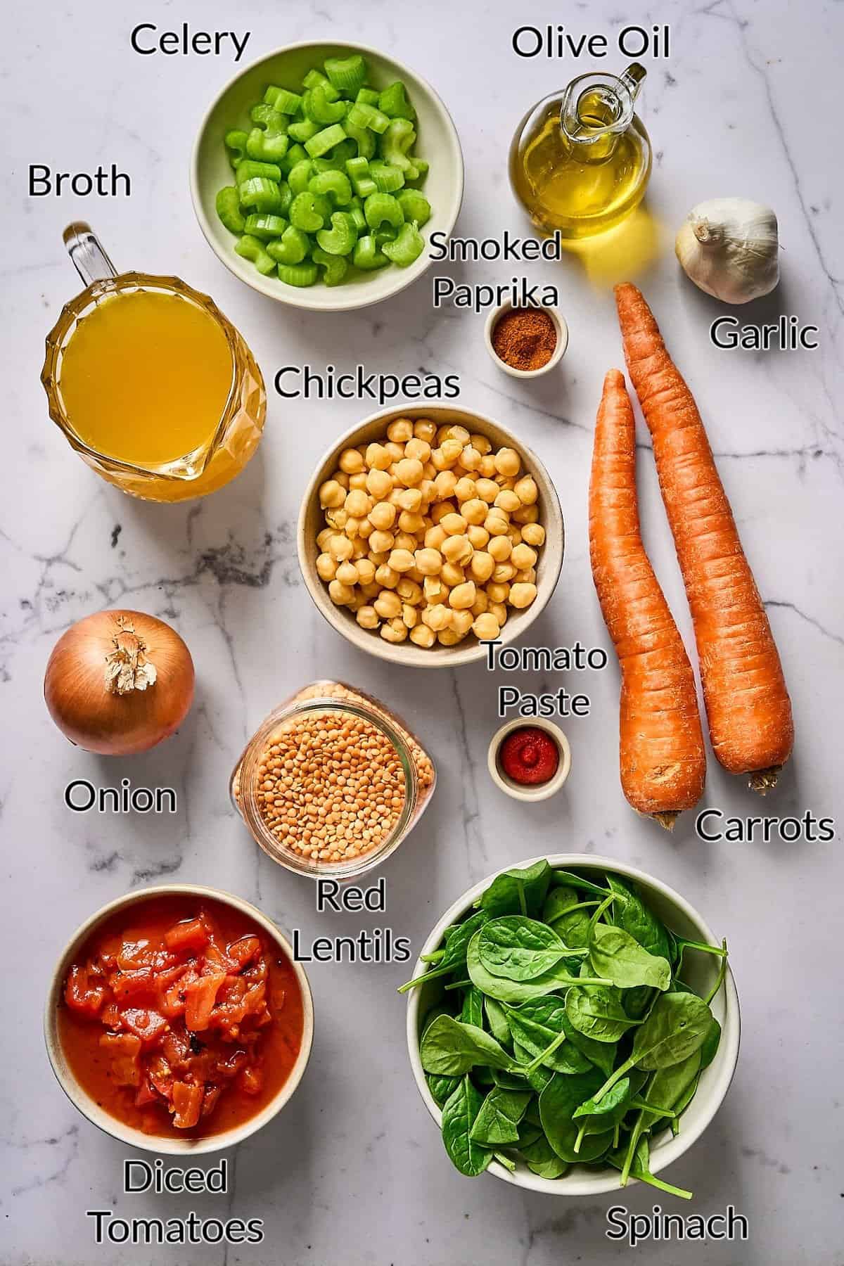 Ingredients to make the stew on a marble table top.