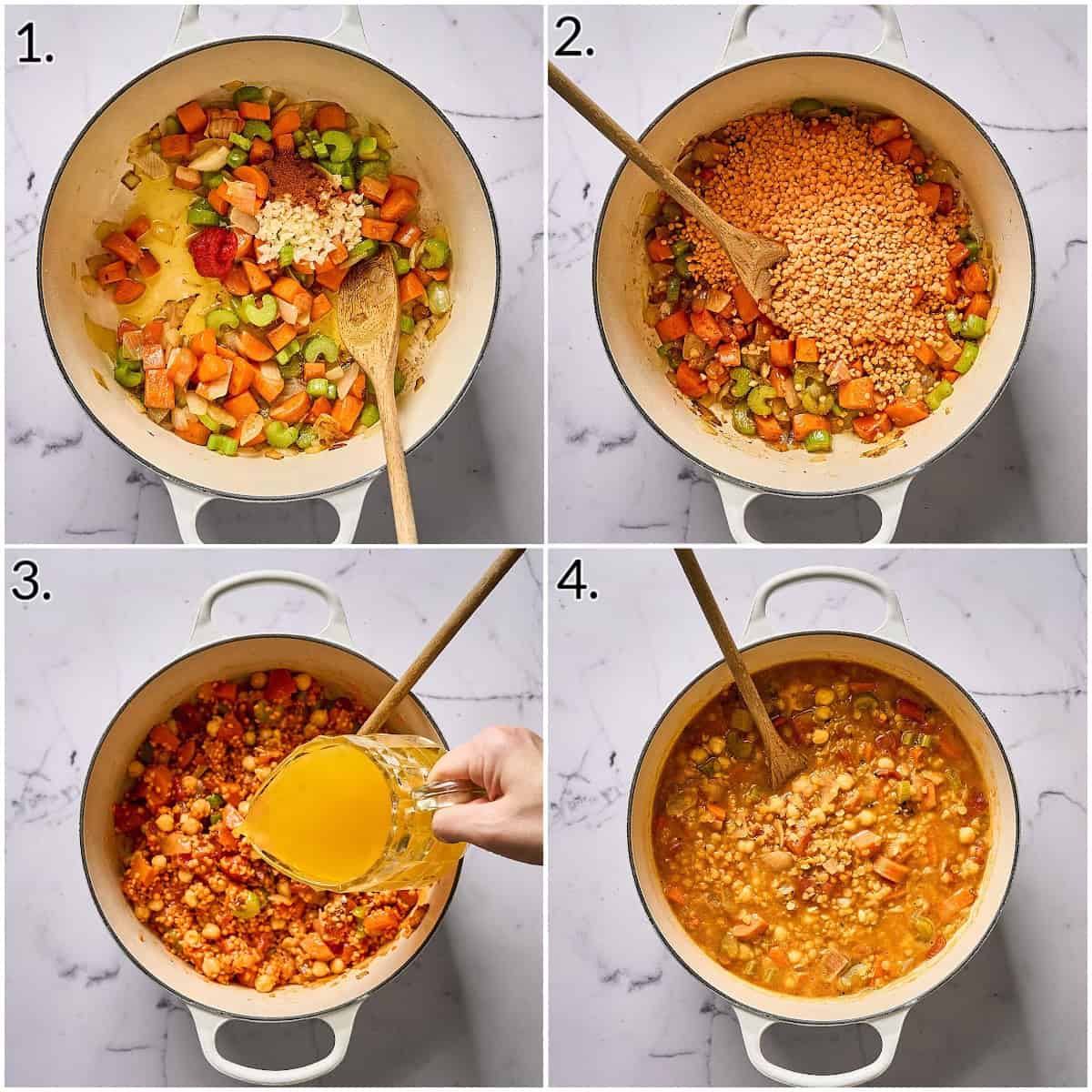 four photo collage displaying how to saute the veggies, add the lentils, broth and chickpeas.