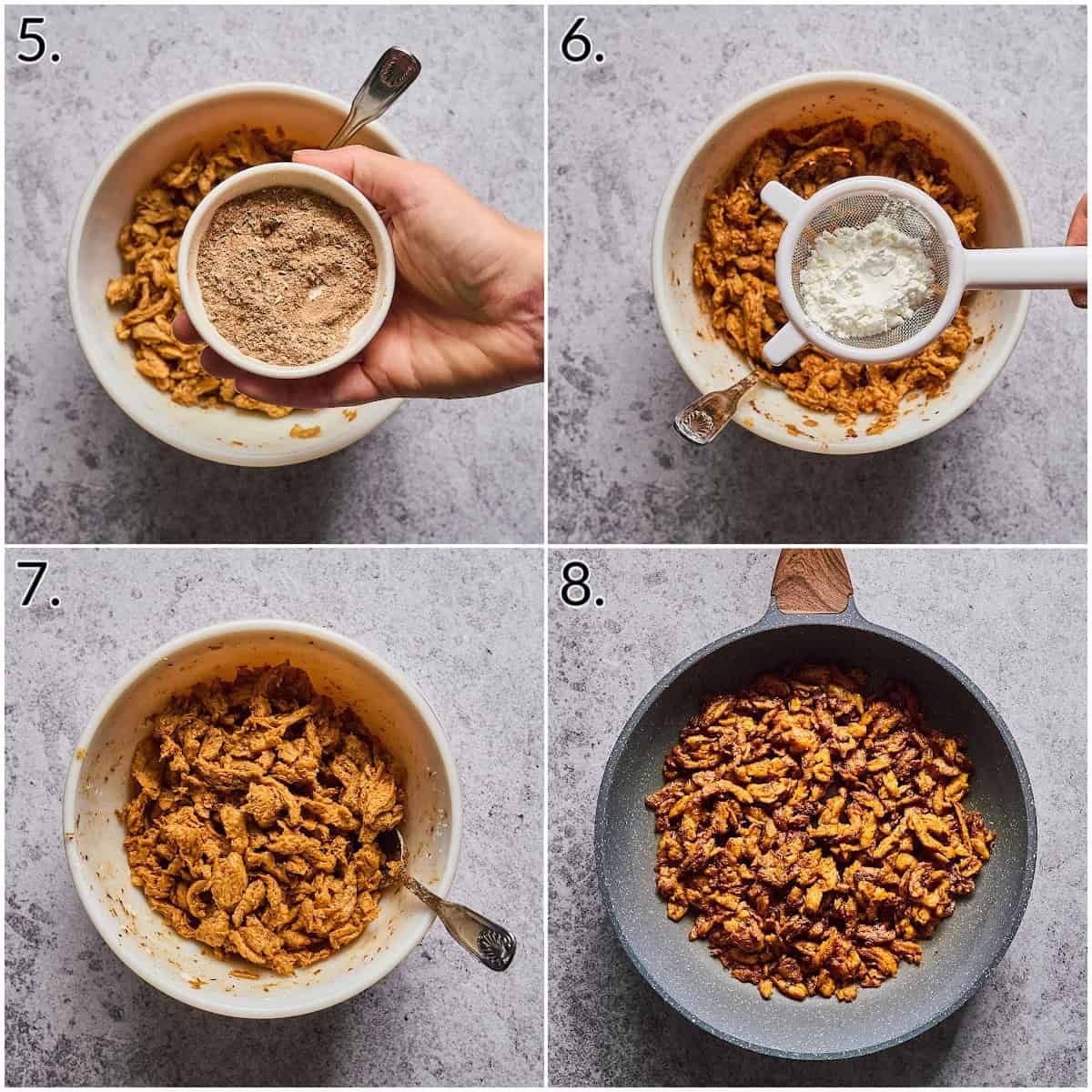 A four photo collage displaying how to season, add cornstarch, mix, and and cook soy curls.