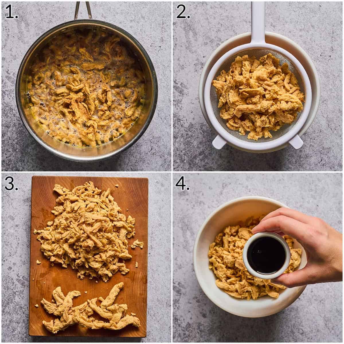 four photo collage displaying how to soak, drain, cut and season soy curls.
