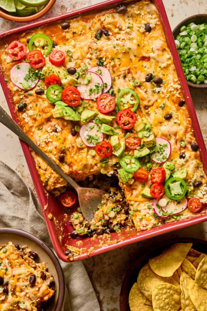 overhead view of casserole with one piece removed.