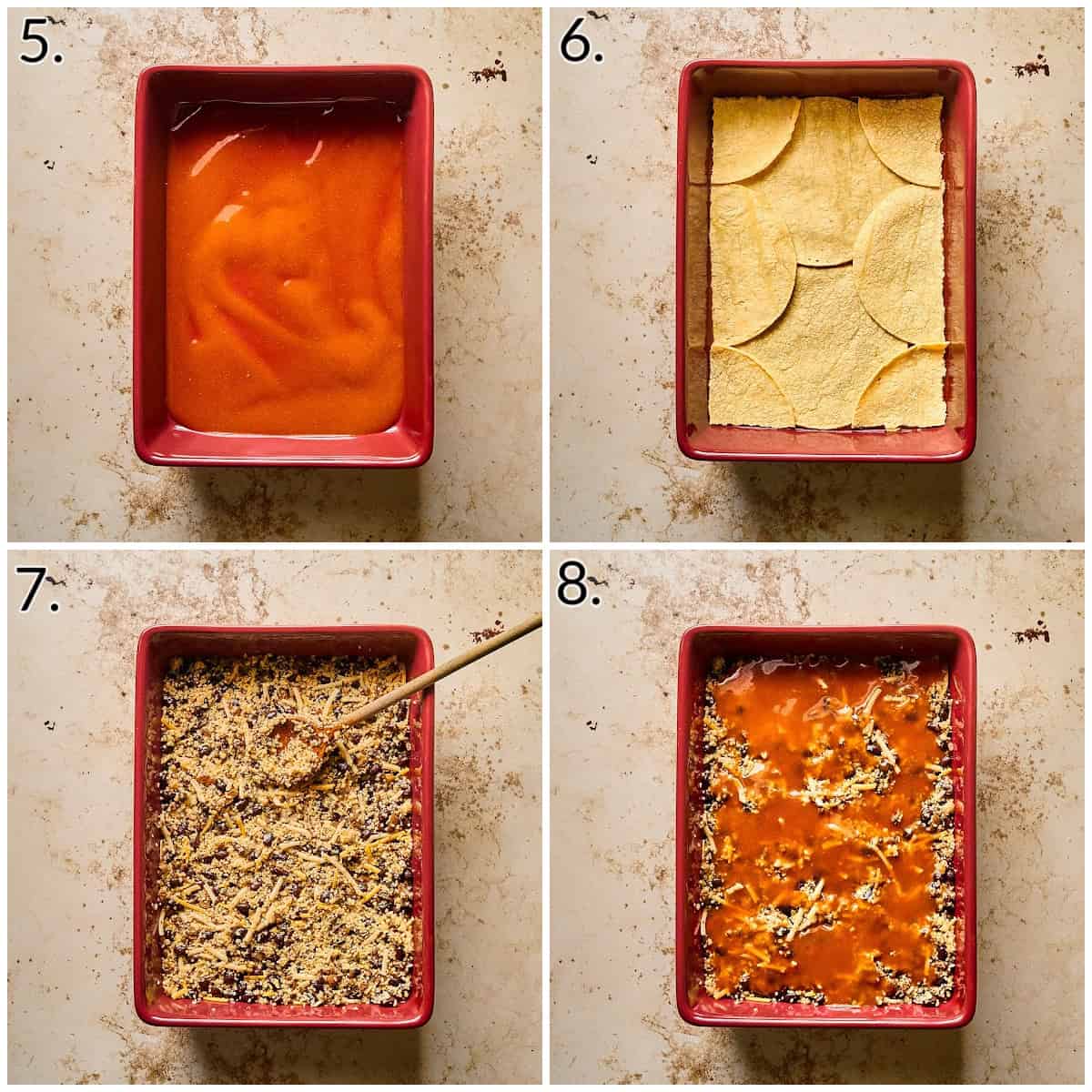 four photo collage displaying how to create the first layer of the casserole.