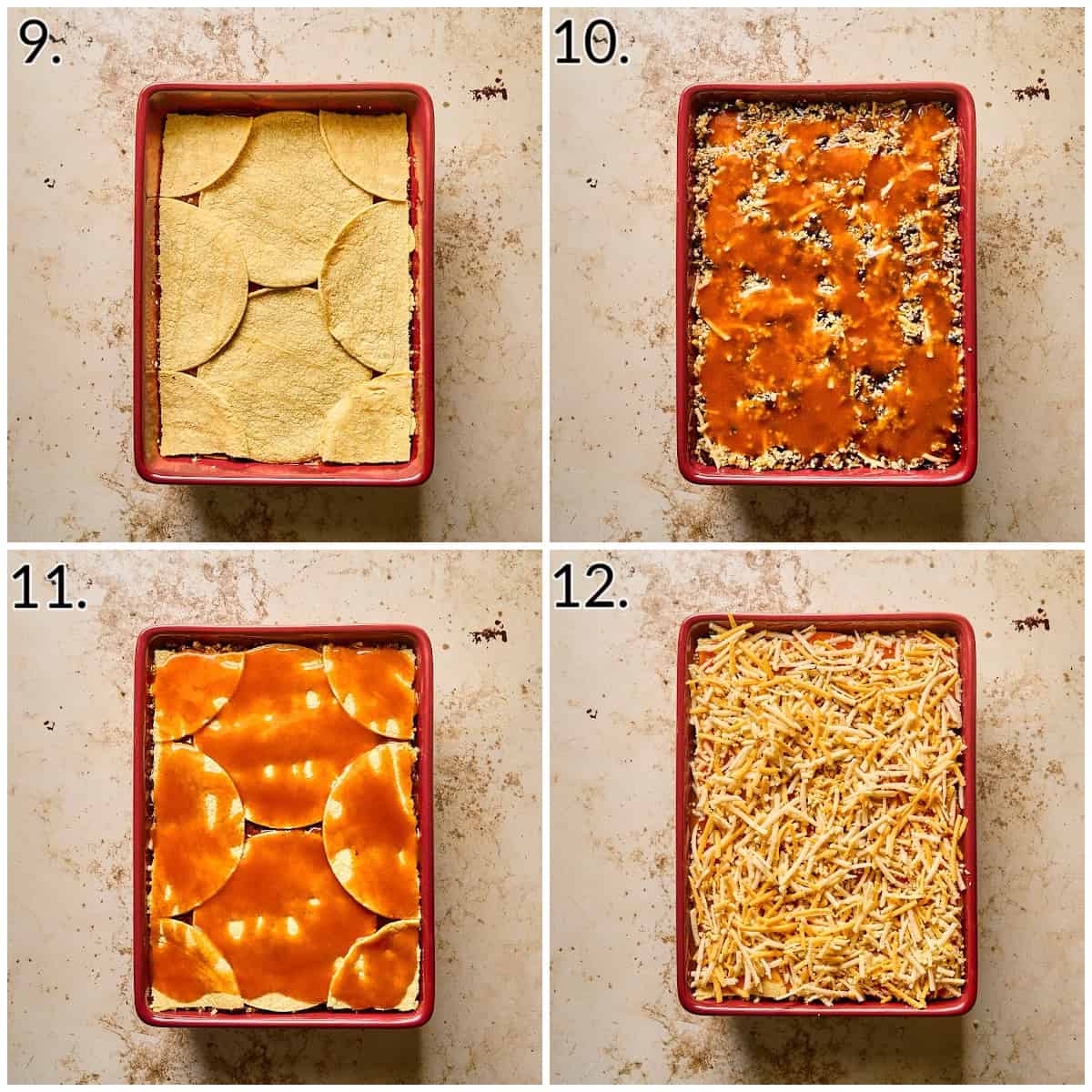 four photo collage displaying how to do the final layer of the casserole. 