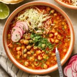 overhead view of vegan posole in a bowl.