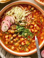 overhead view of vegan posole in a bowl.