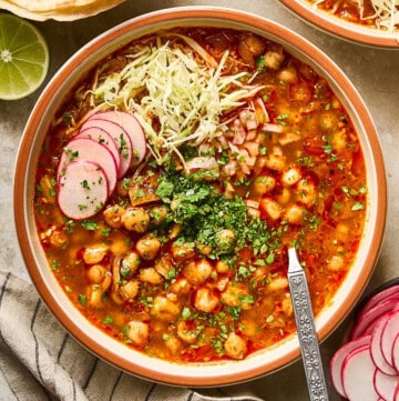 overhead view of vegan posole in a bowl.
