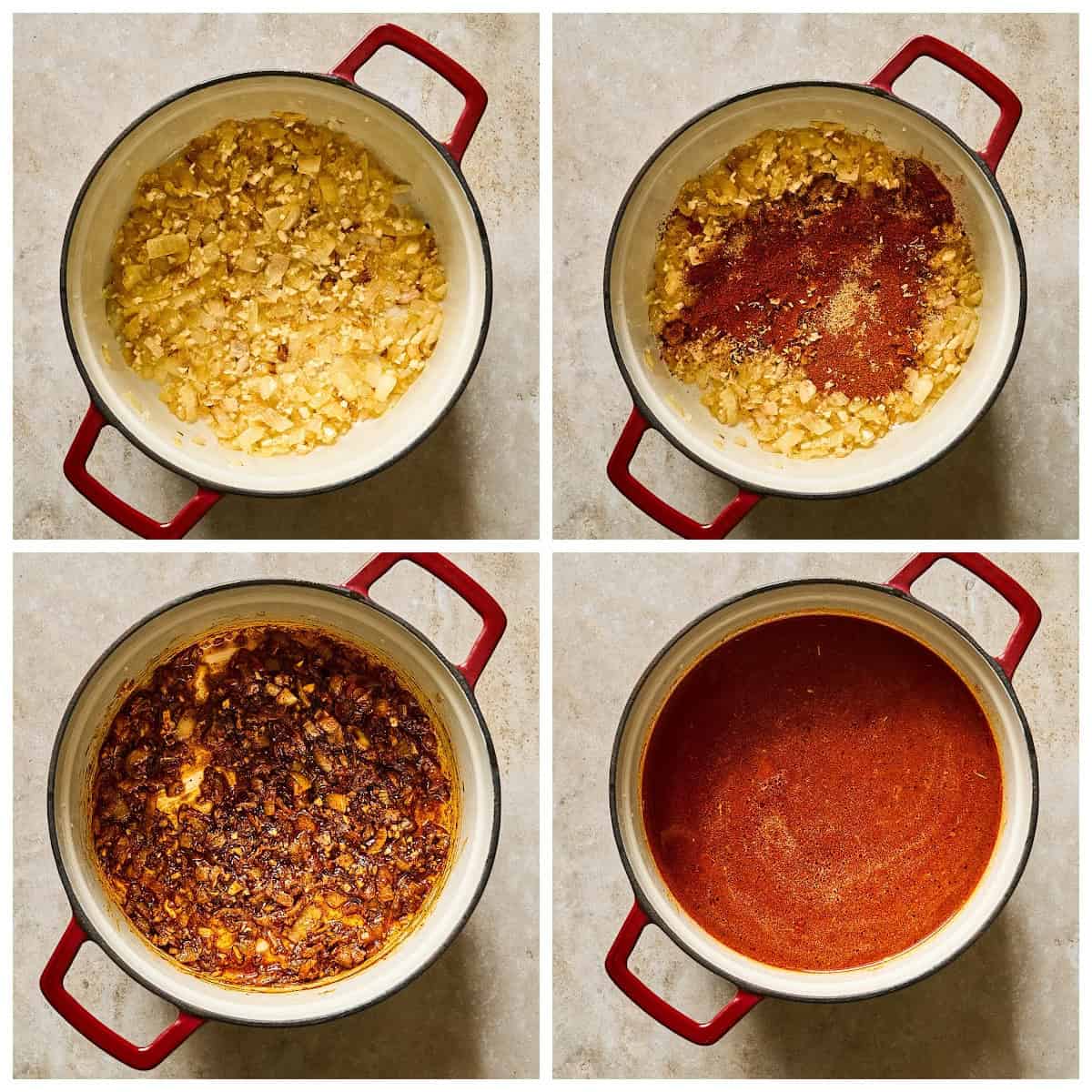 A four photo collage displaying how to sauté the onions, spices and simmer broth.