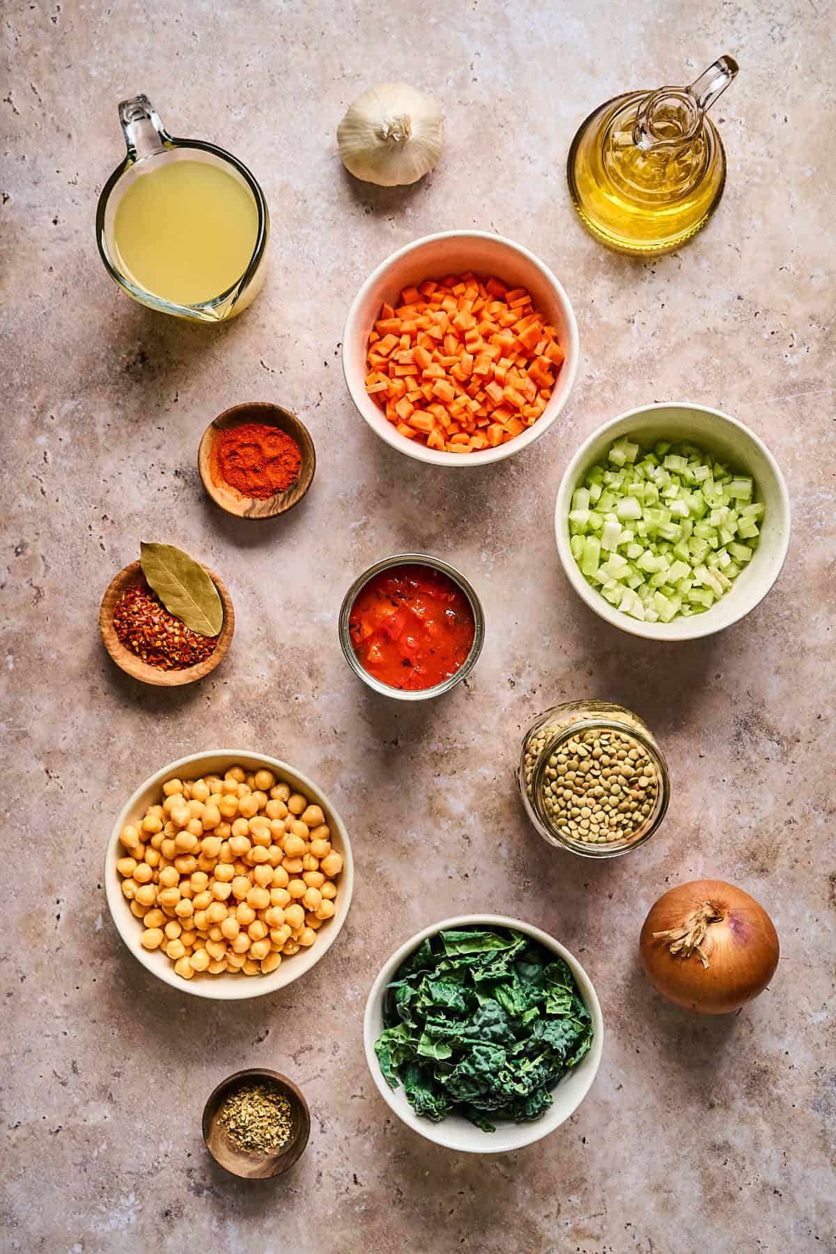 all ingredients to make the soup on a table top.