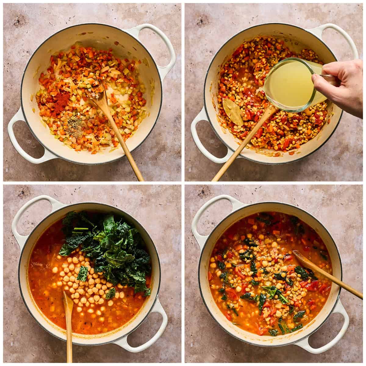 A four photo collage showing how to cook the veggies, and add the broth, kale and chickpeas to the pot.