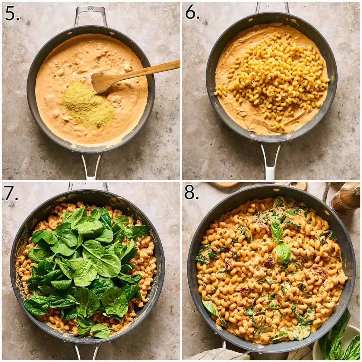 A four photo collage displaying how to add pasta, nutritional yeast. spinach and basil to the pan of creamy sauce. 