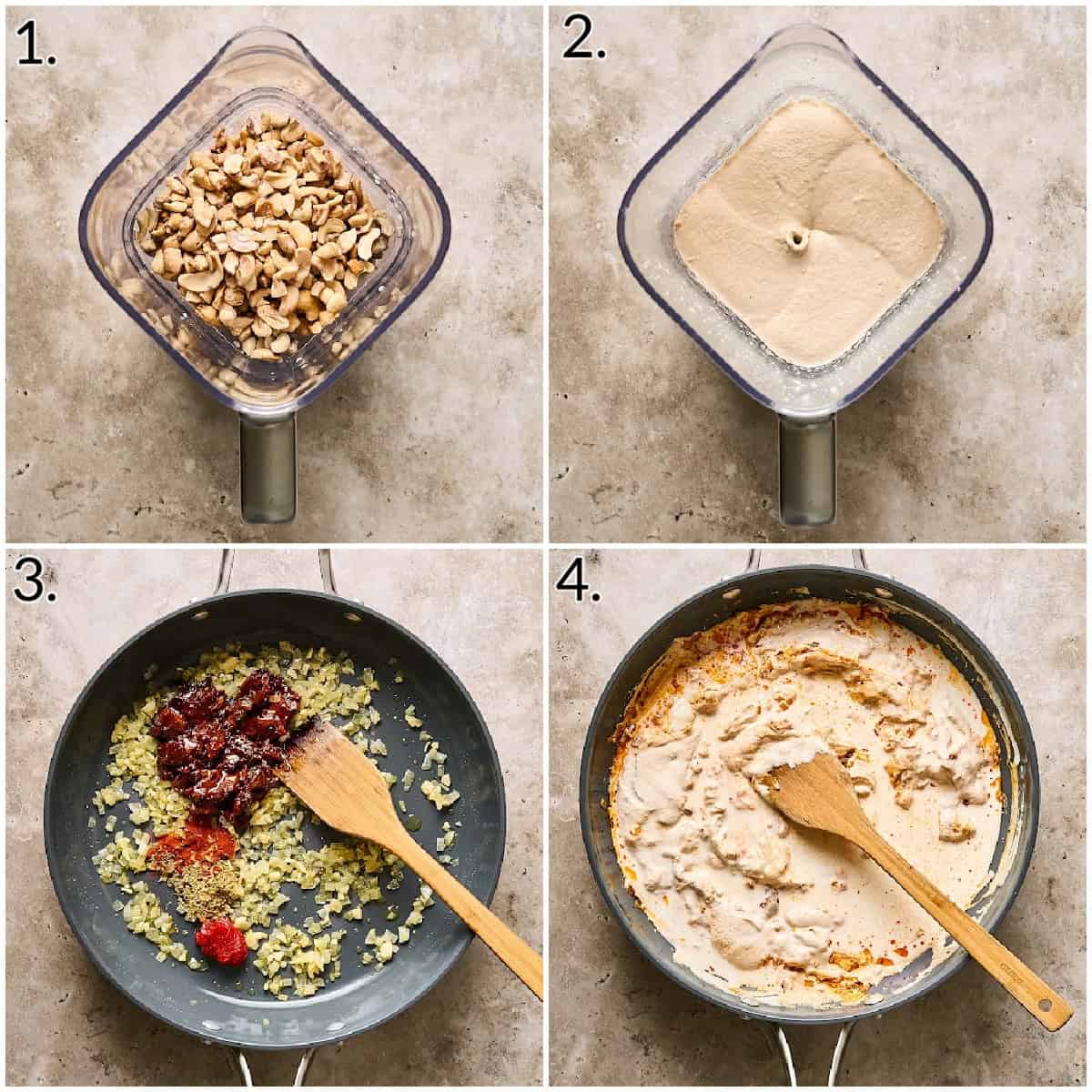 A four photo collage displaying how blend cashews into a creamy sauce, and making the sauce in the pan. 