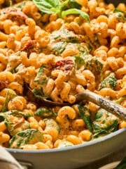 side view of vegan marry me pasta in a pan.