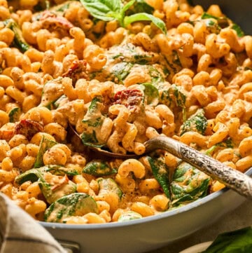 side view of vegan marry me pasta in a pan.