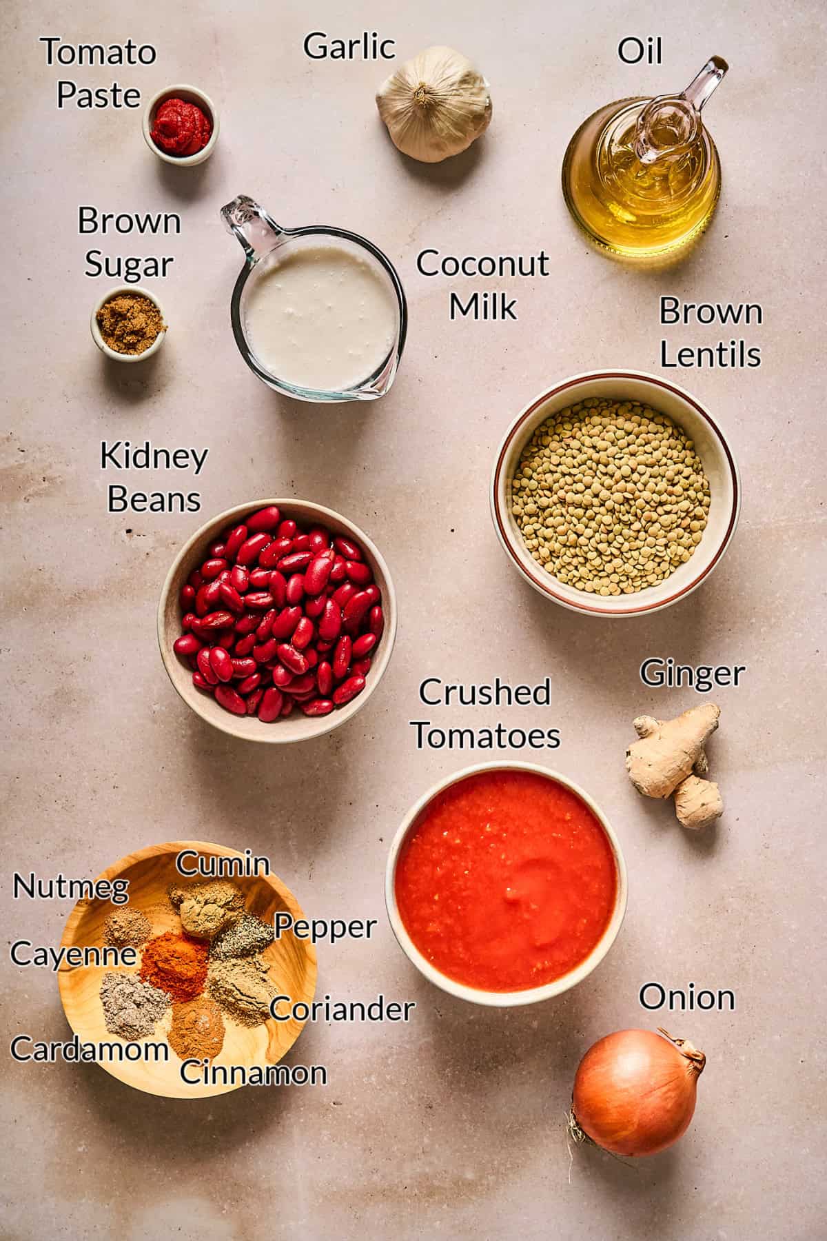 ingredients to make Dal Makhani on a table top.