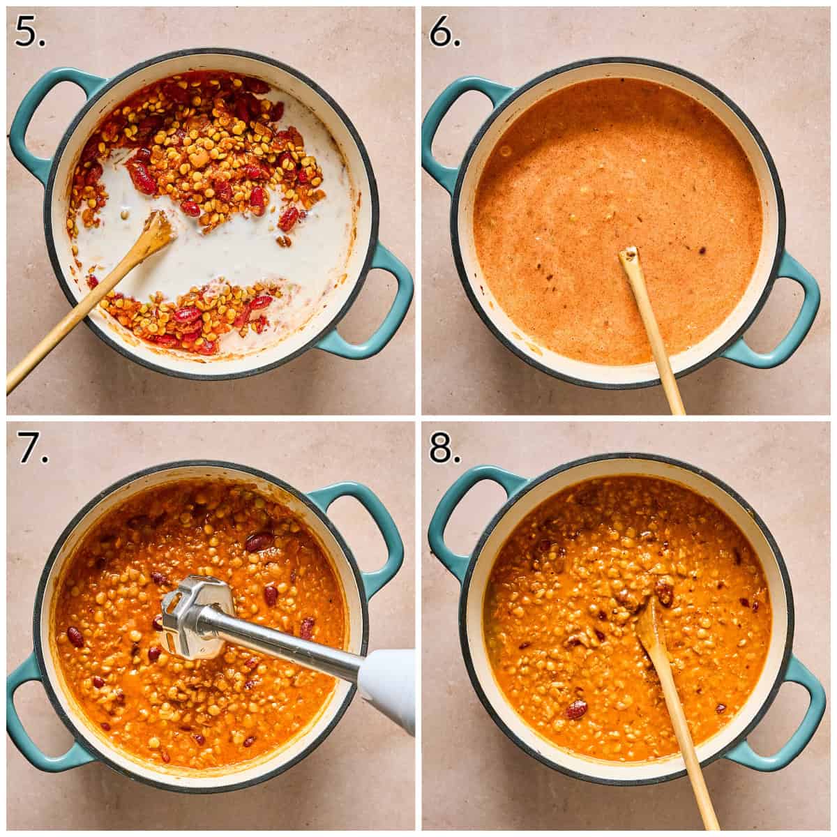 Four process photos displaying how to add lentils, tomatoes, coconut milk, then simmer and blend with immersion blender. 