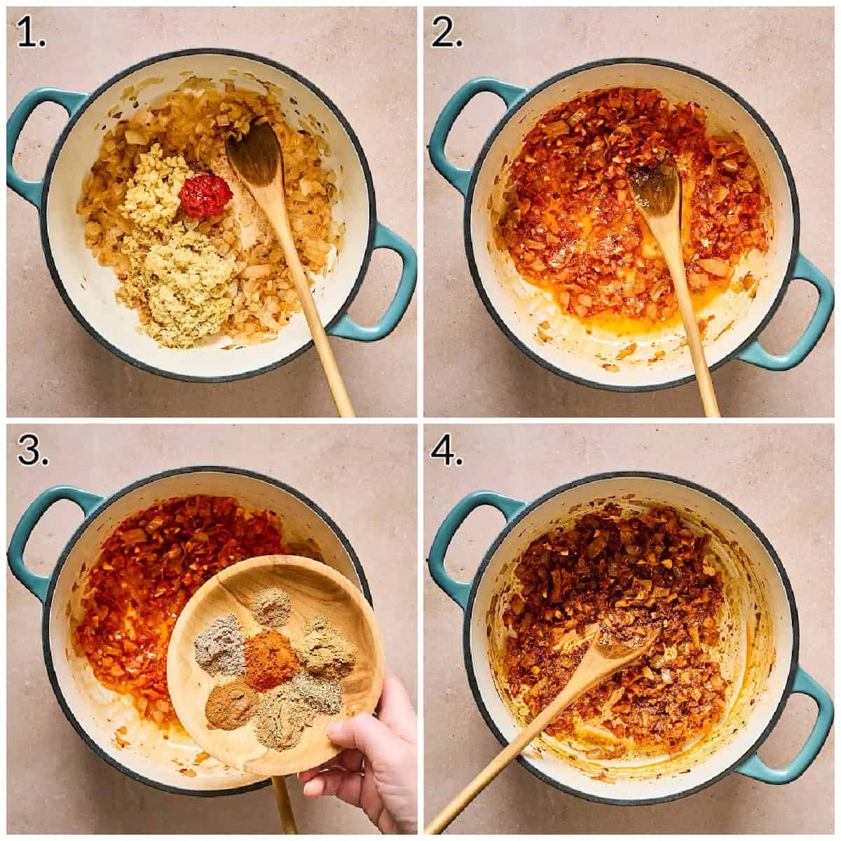 Four process photos displaying how to saute aromatics, 