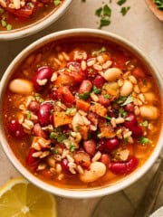overhead view of vegan minestrone soup in a bowl.