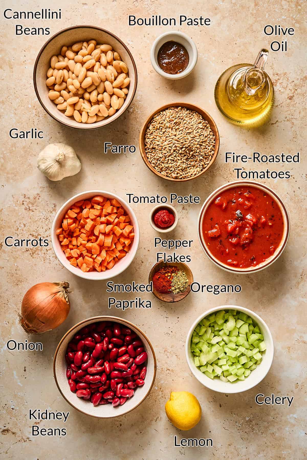 ingredients displayed on a table top. 