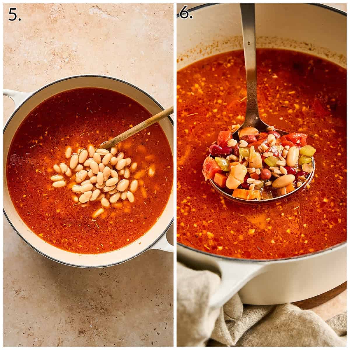 A two photo collage displaying how to add beans and the finished soup.