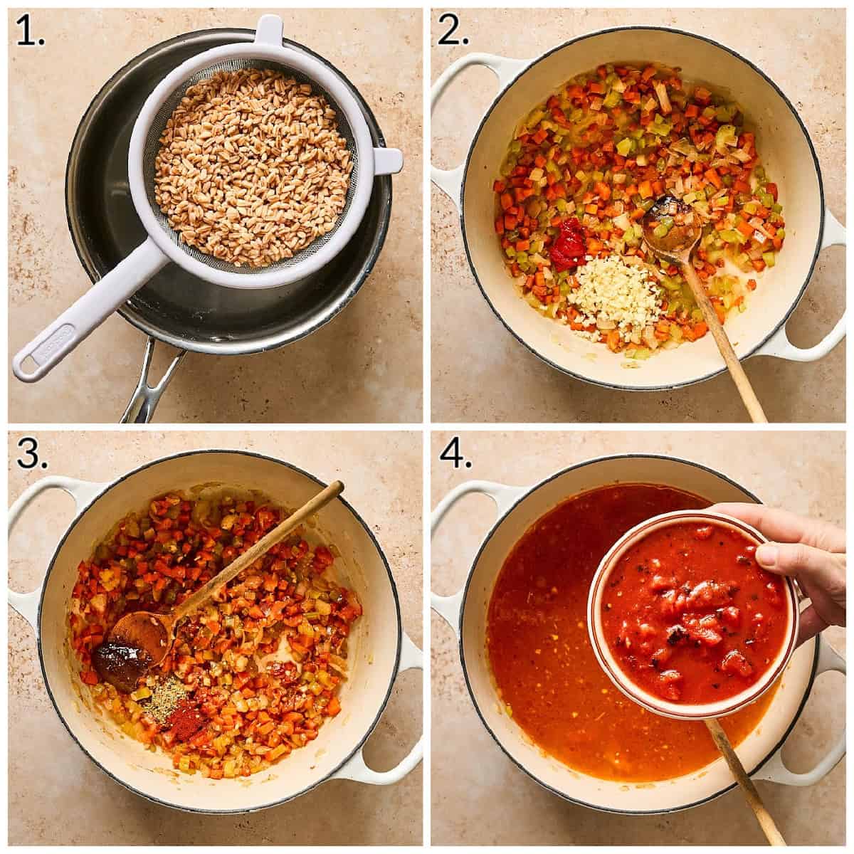 A four photo collage displaying how to make farro, saut&eacute;ing the vegetables, add seasonings and tomatoes. 
