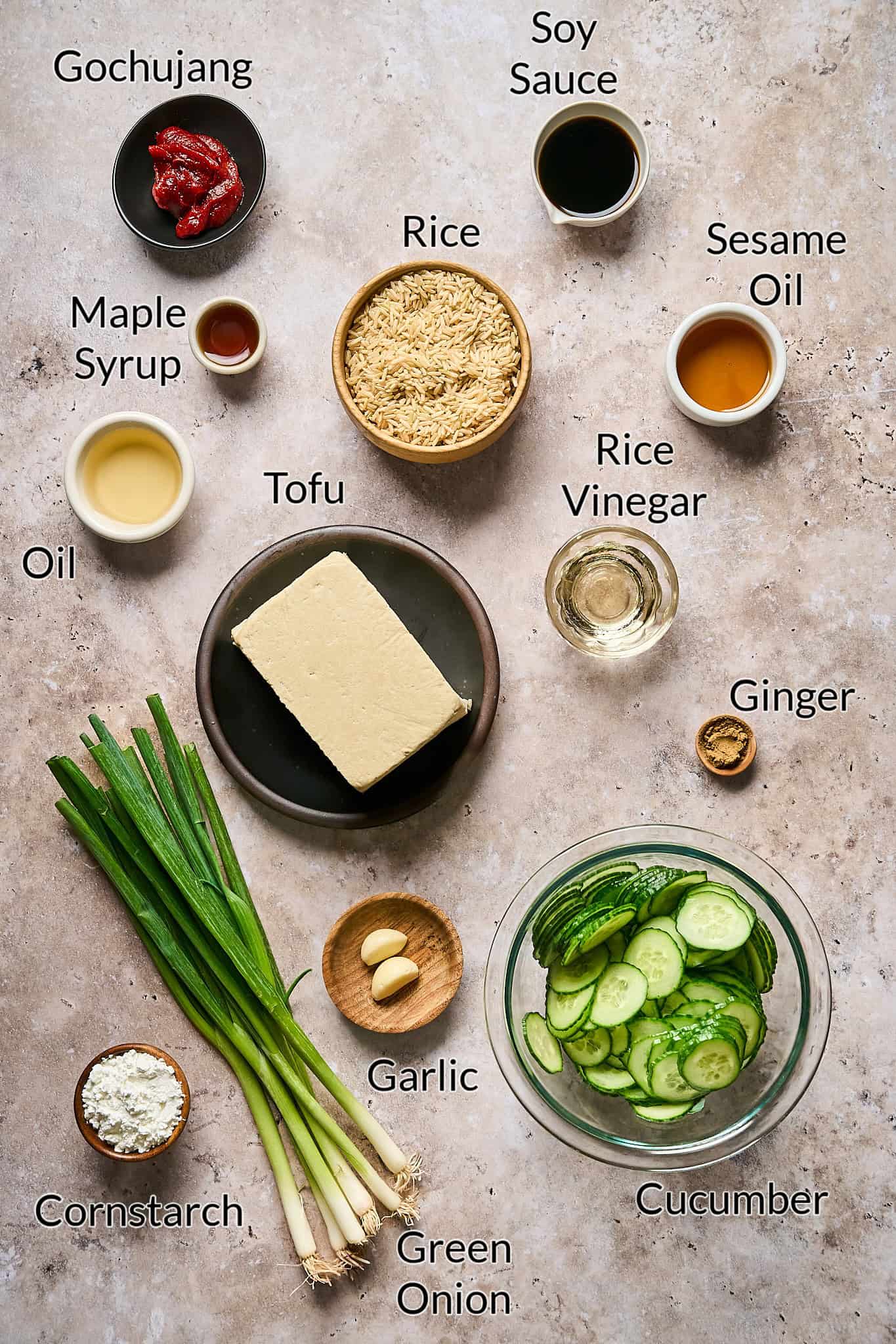 ingredients for rice bowls on a table top. 