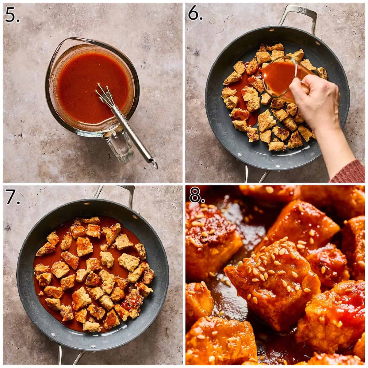 a four photo collage displaying how to mix the sauce and cook until thickened. 