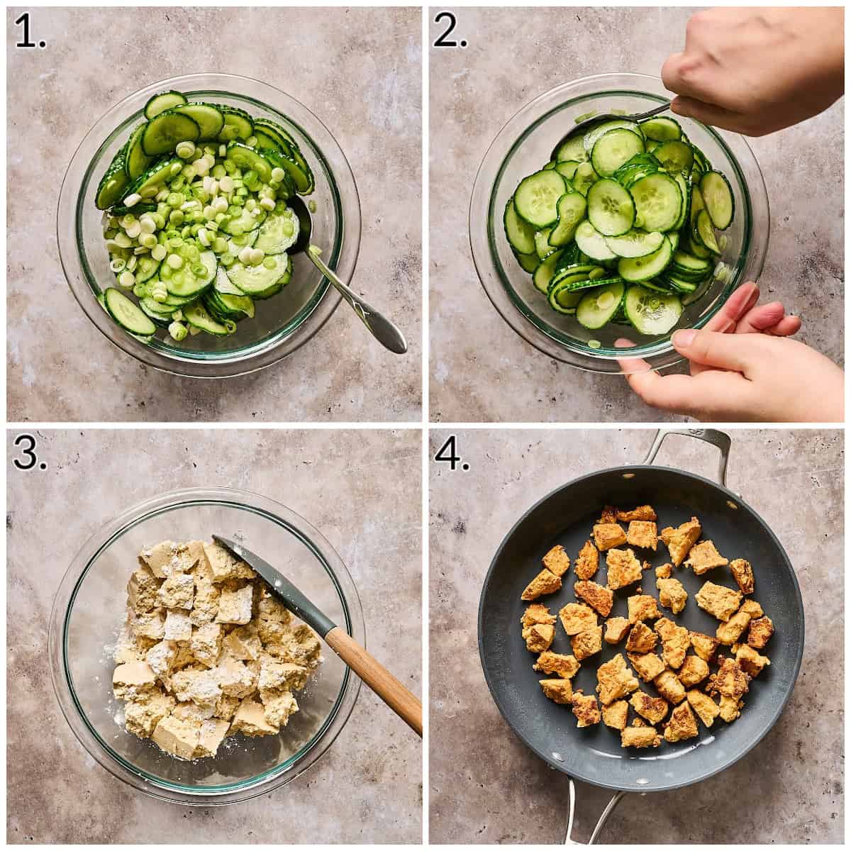a four photo collage displaying how to make cucumber salad and prepping and frying the ingredients. 