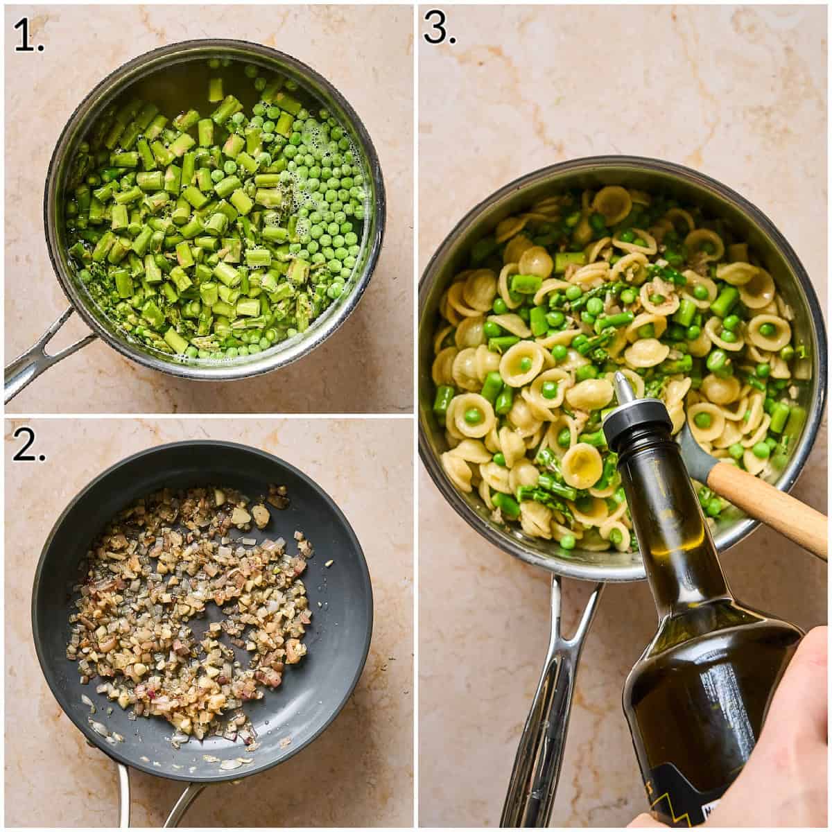 a 3 photo collage displaying how to cook veggies, saut&eacute; shallots and toss with pasta. 