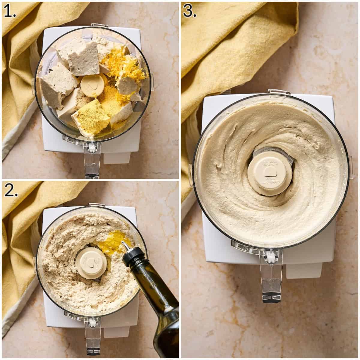 A collage of three photos showing how to make tofu ricotta in a food processor. 