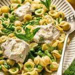 overhead view of vegan lemon ricotta pasta on a serving tray.