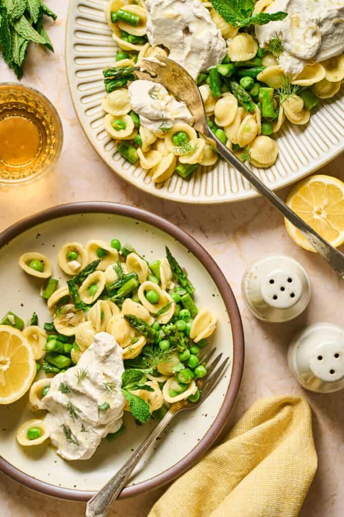 ricotta pasta on a serving dish and a plate.