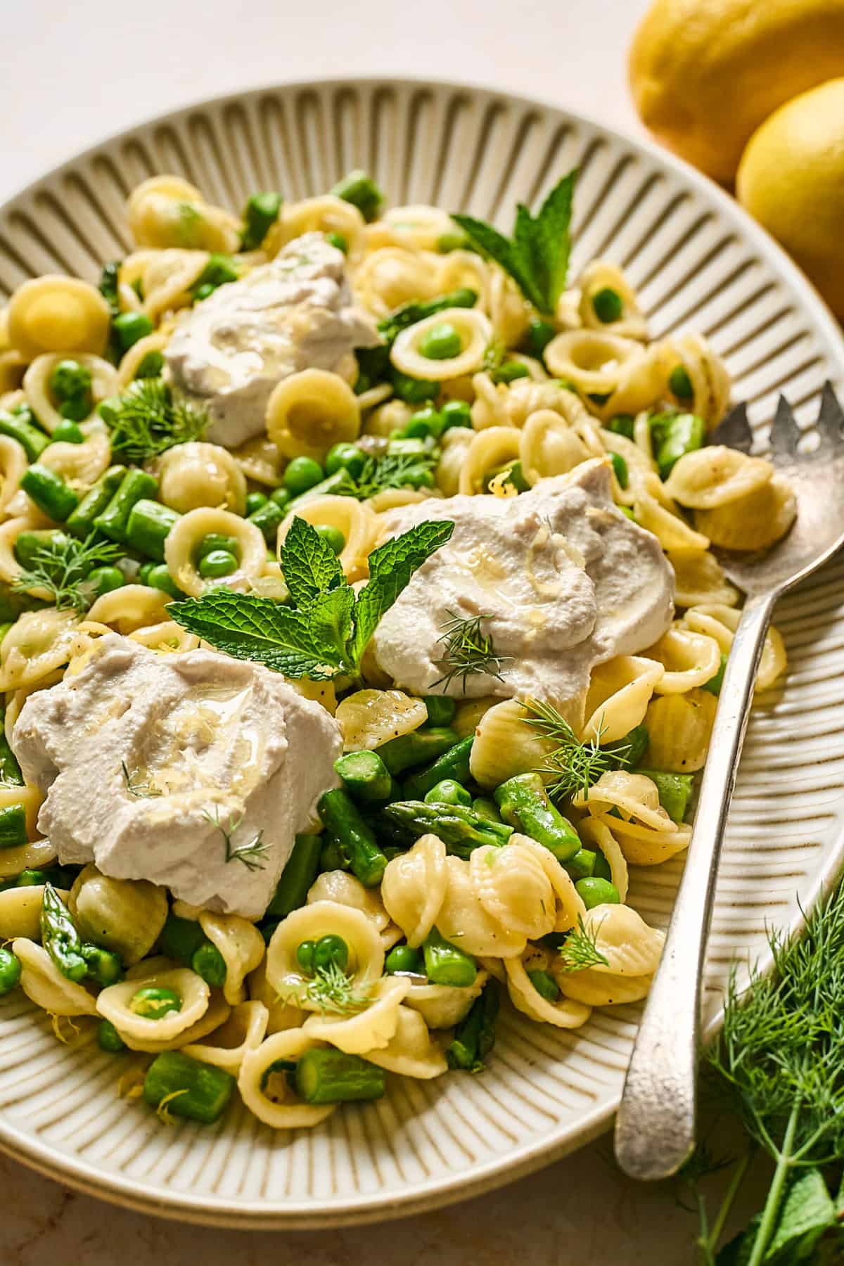 close up view of vegan lemon ricotta pasta on a serving dish. 
