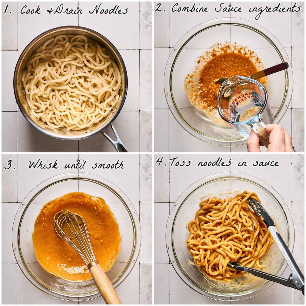 A four photo collage displaying how to cook the noodles, combine the sauce and toss with noodles. 