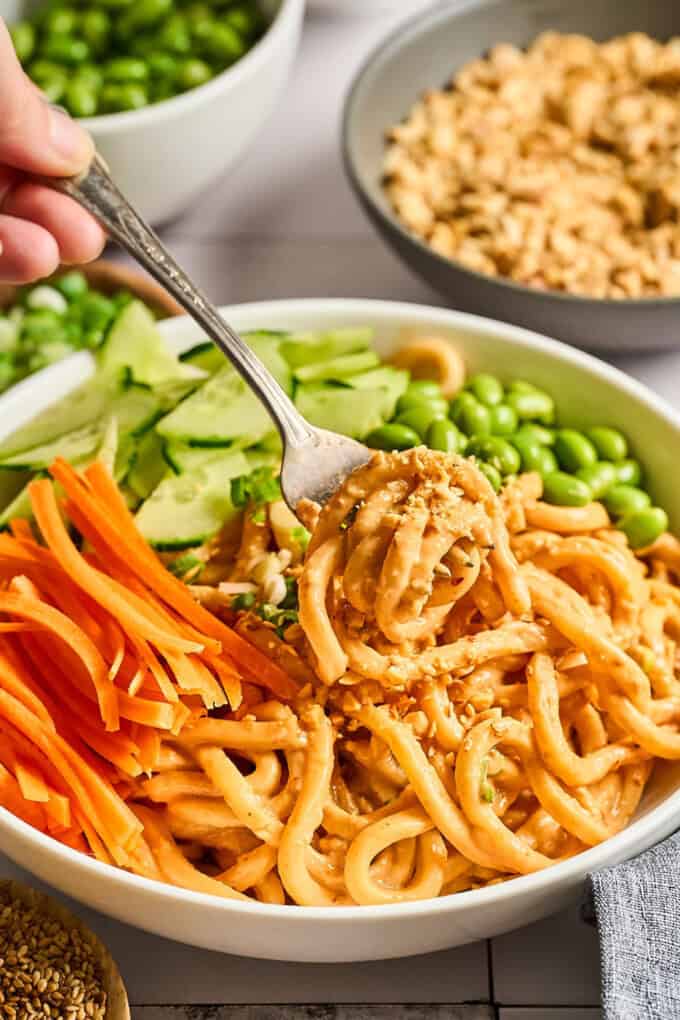 picking up food from a bowl with a fork.