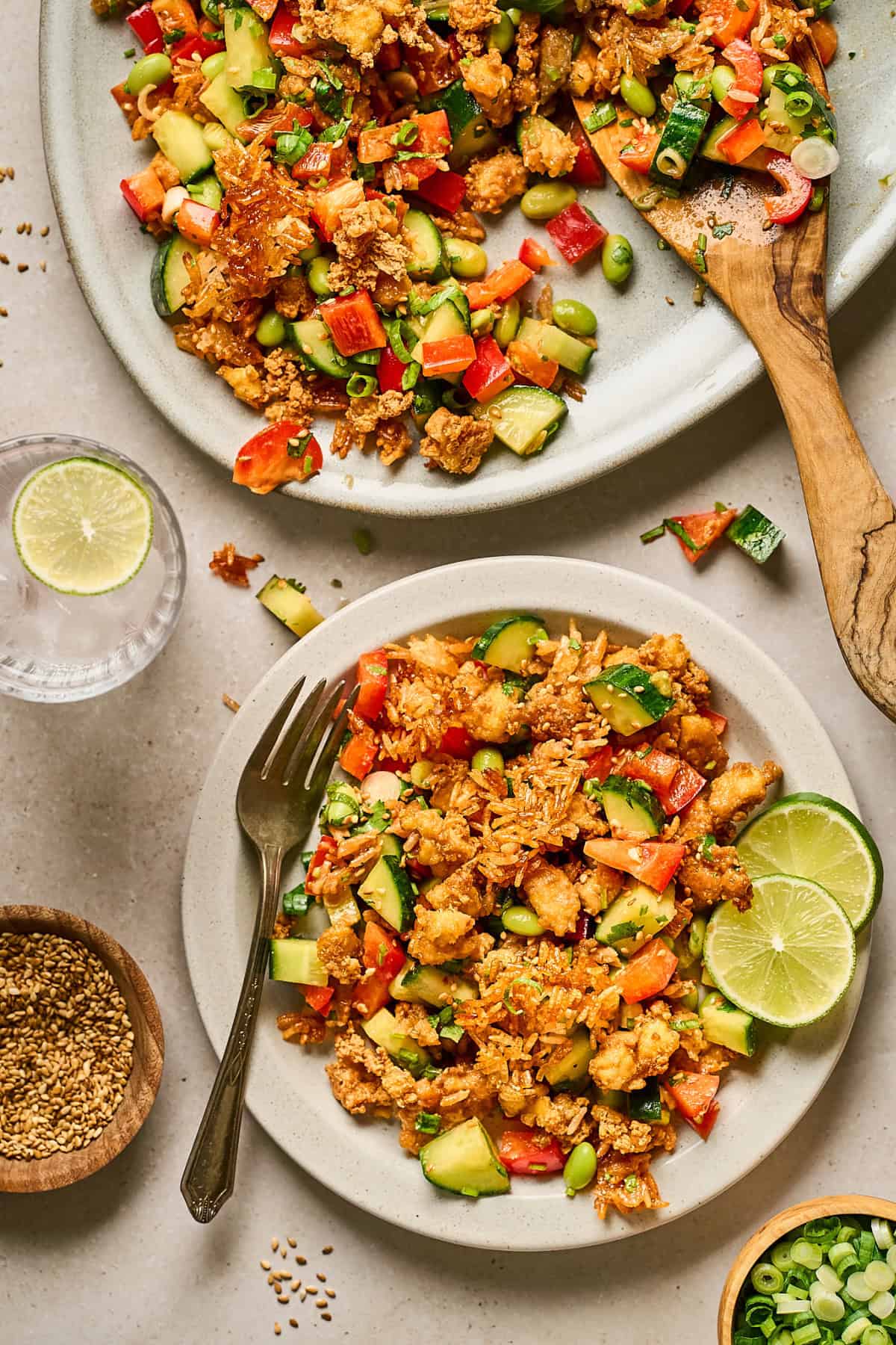 Crispy rice salad on a individual plate and a serving plate. 