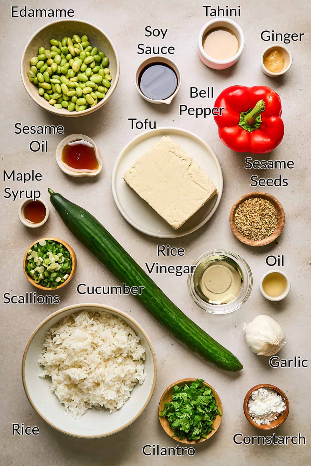 Ingredients to make the recipe on a beige tabletop. 