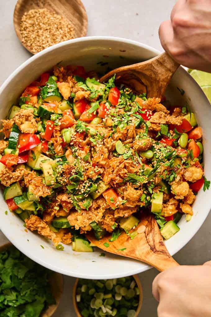 overhead view of prepared salad in a bowl.