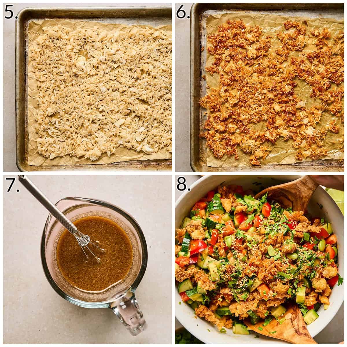 a four photo collage displaying how to bake the rice, make the dressing, and combine with the veggies. 