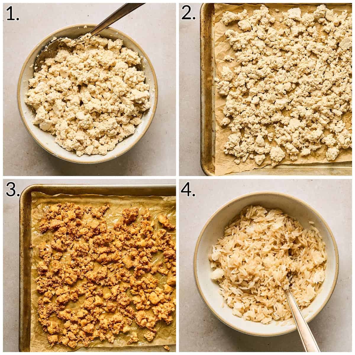 a four photo collage displaying how to prepare and bake the tofu and rice. 