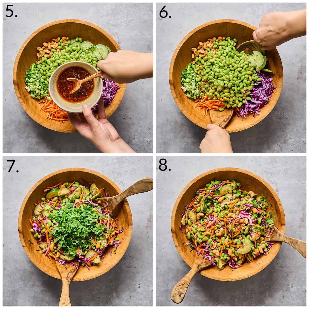 a four photo collage displaying how to toss with the dressing and cilantro.