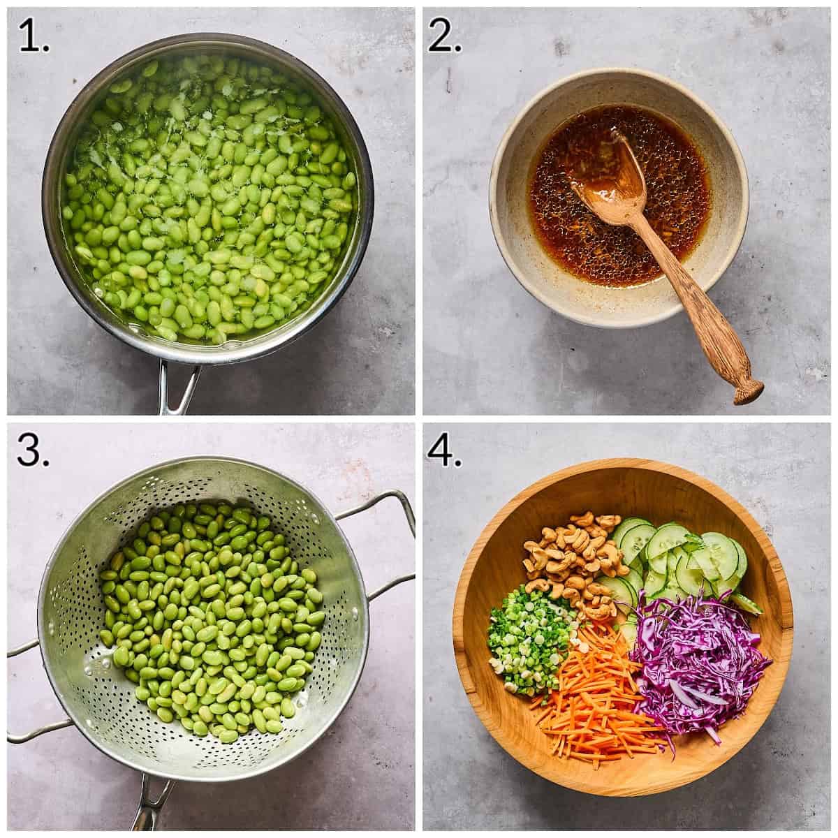 a four photo collage displaying how to cook and drain the edamame, mixing the dressing and vegetables.