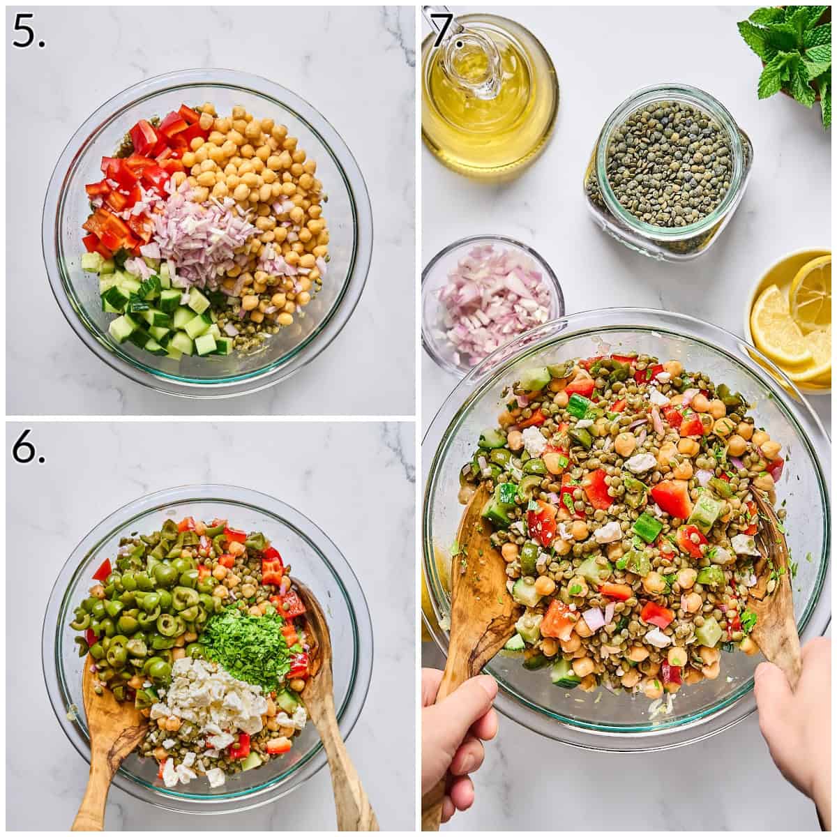 A 3 photo collage displaying how to add and toss the fresh ingredients.
