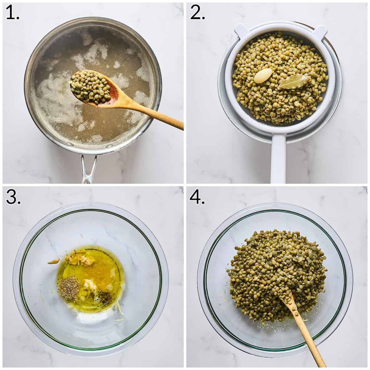 A 4 photo collage displaying how to cook and drain legumes, then making the dressing.