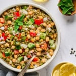 fully assembled lentil salad in a white bowl.