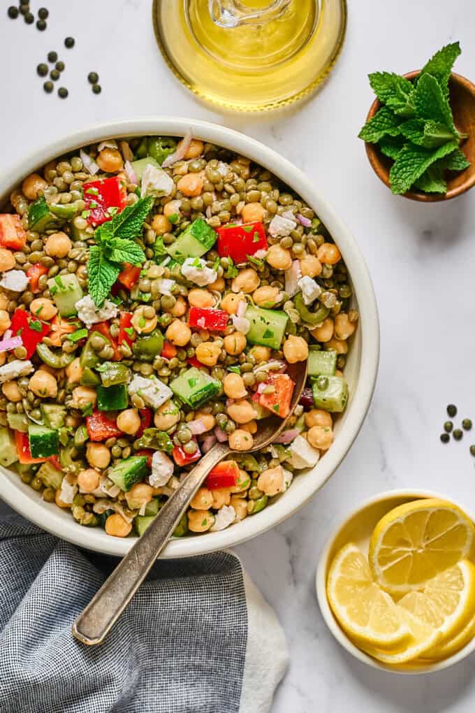 overhead view of food in a large serving bowl.