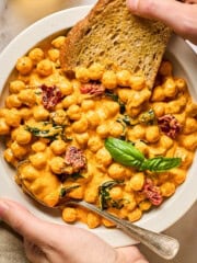 overhead view of marry me chickpeas in a bowl.