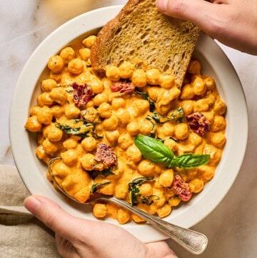 overhead view of marry me chickpeas in a bowl.