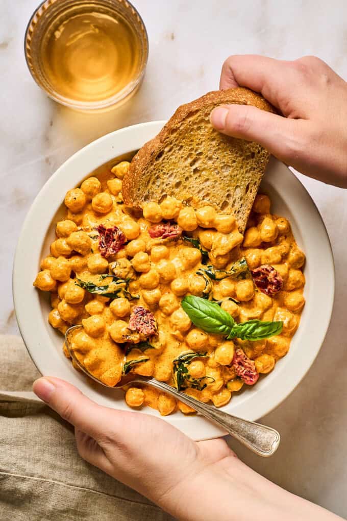 overhead view of garbanzo beans in a bowl.
