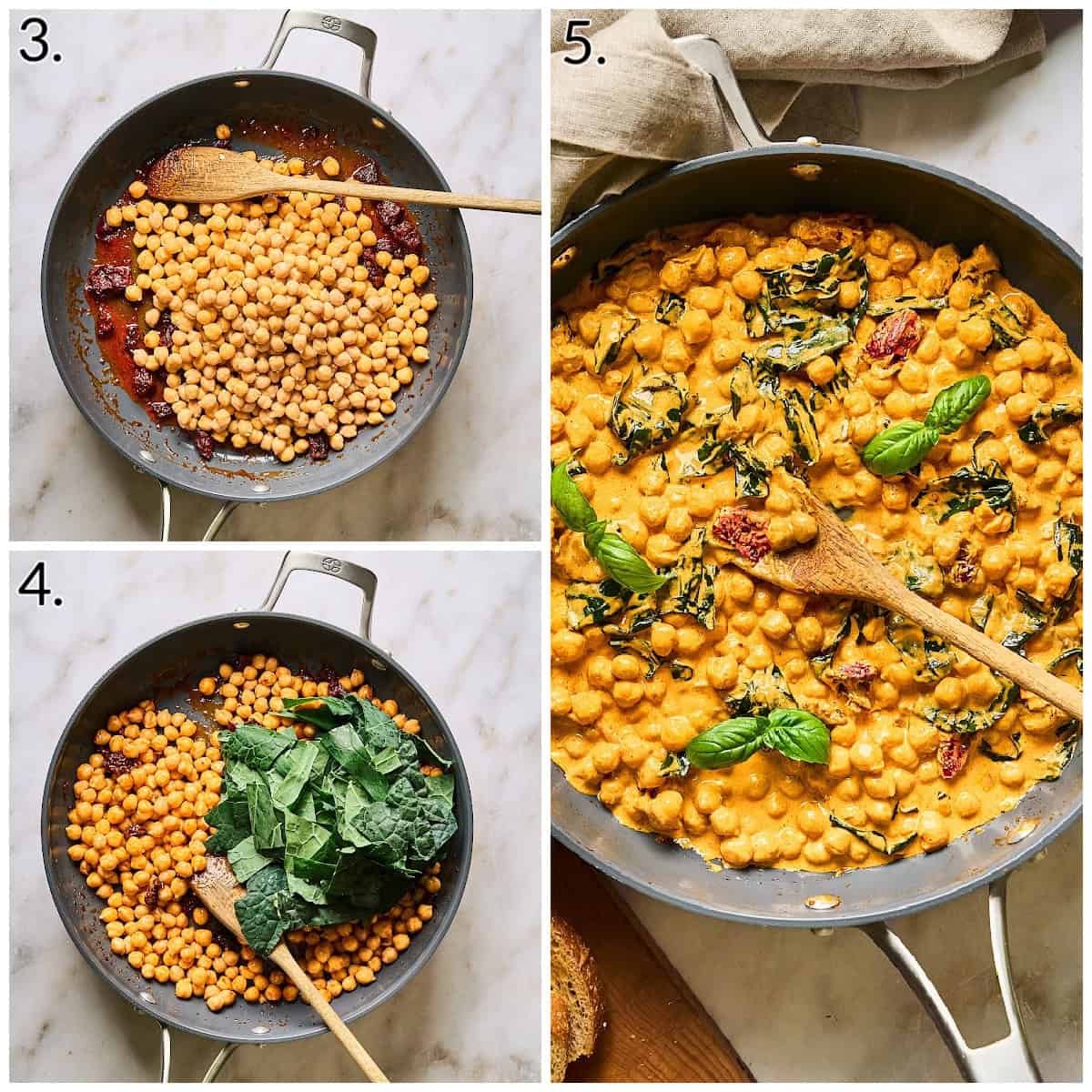 A three photo collage showing how to cook the beans, wilt the kale, and the finished dish.