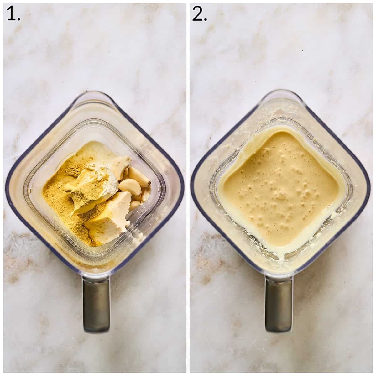 A two photo collage showing ingredients in a blender and the blended ingredients. 